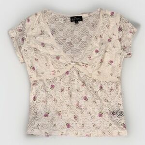 Y2K White & Pink Floral Lace Babydoll Top Small Coquette Fairy Feminine Romantic